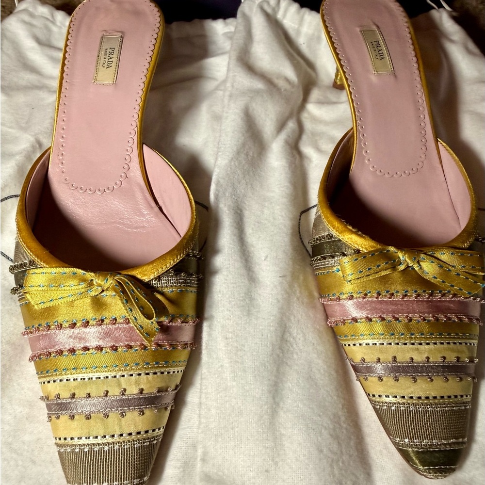 Prada Women's Yellow and Pink Color Blocked Striped Ribbon Mules